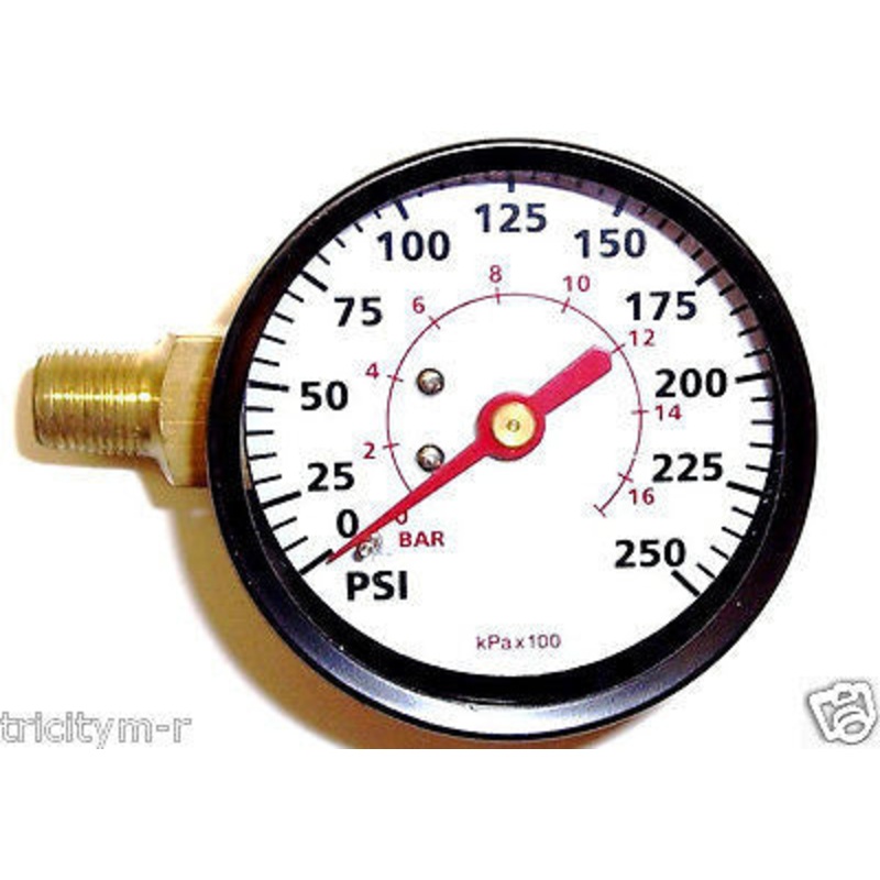 GA016711AV Air Compressor Gauge  2  X 250psi  1/8 NPT Right Side Mount