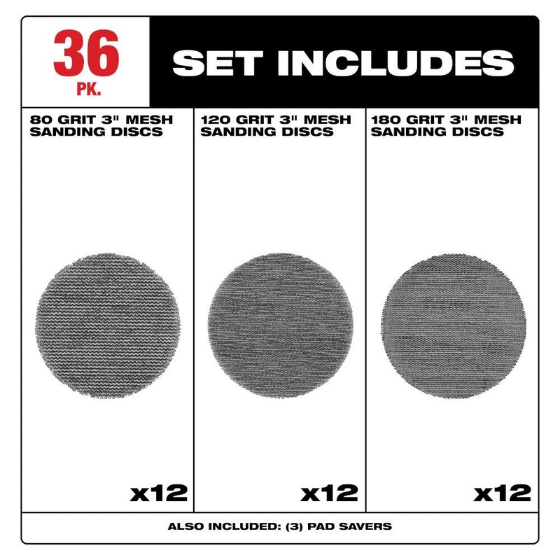 Milwaukee 48-80-6406 3 Assorted 80, 120, 180 Grit Mesh Sanding Discs with POWERGRID Tear Resistant Mesh – 36 pk + 3 Pad Savers