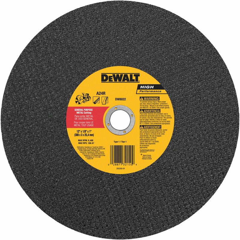 DeWalt DW8022 12 x 1/8 x 1 Metal Cutting High Speed Cut-Off Wheel