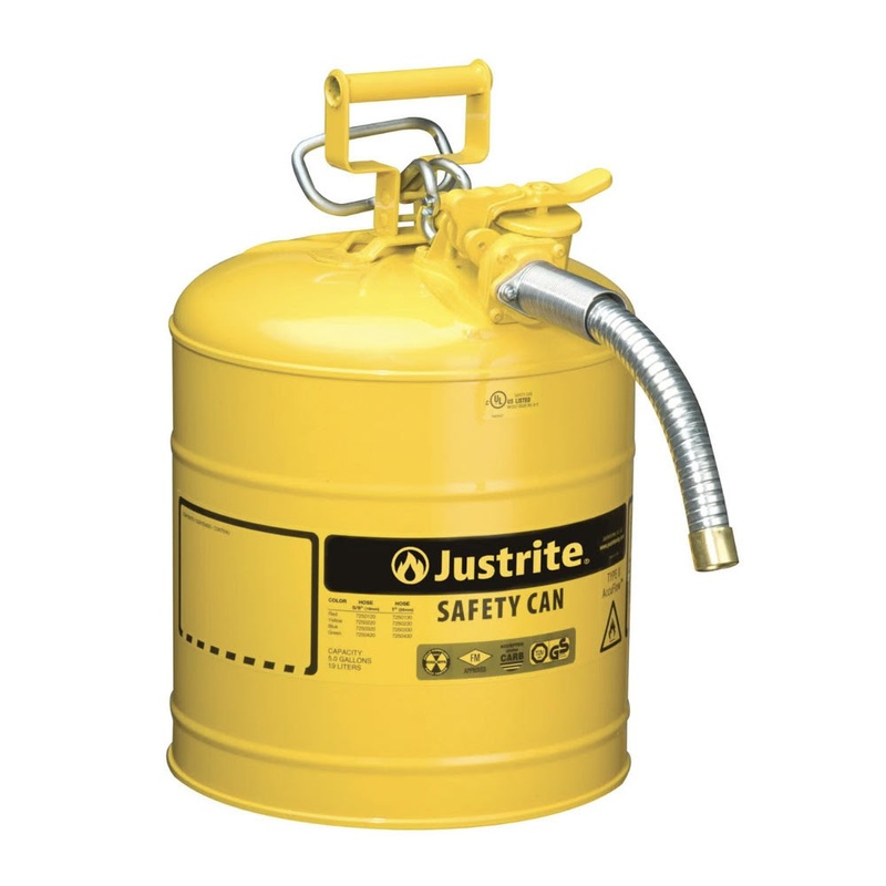 Justrite 7250230 5 Gallon Yellow Steel Safety Can for Diesel, Type II 1 Flexible 9 Long Metal Hose Spout