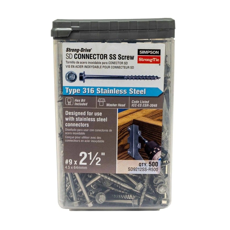 Simpson Strong-Tie SD9212SS-R500 (#9 x 2-1/2) Strong-Drive SD Connector SS Screw Type 316 Stainless Steel (500 Pack)