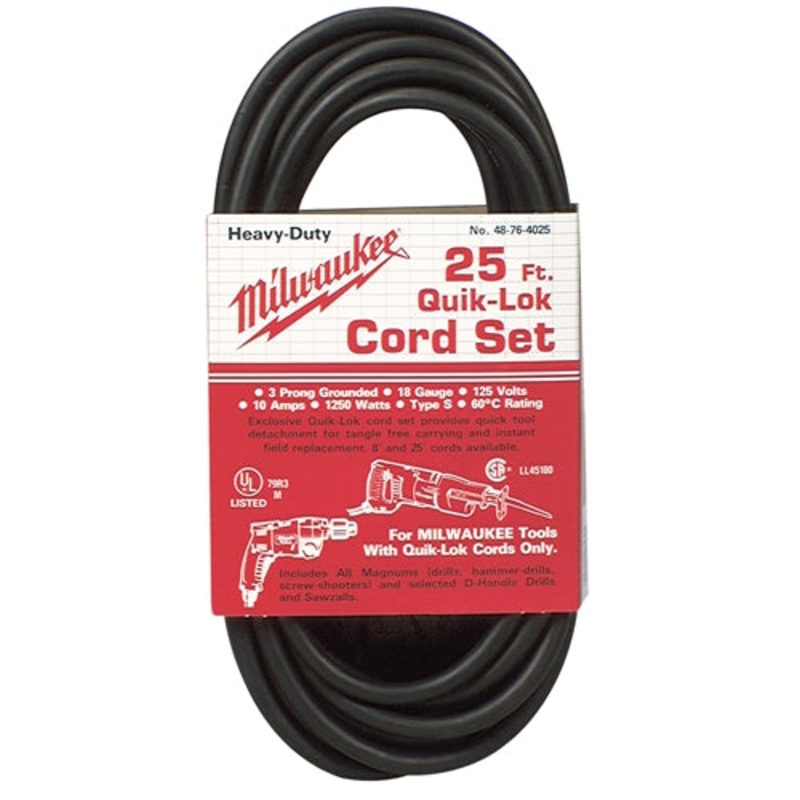 Milwaukee 48-76-4025 25′ Quik-Lok 3 Wire Double Insulated Cord