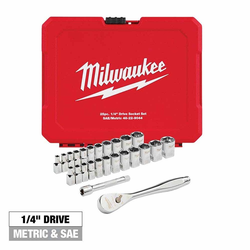 Milwaukee 48-22-9044 25pc 1/4 Drive Metric & SAE Ratchet and Socket Set with FOUR FLAT SIDES