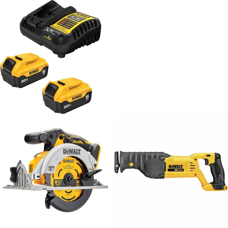 DeWalt DCB205-2C 20V MAX Starter Kit W/ DCS565B 20V 6-1/2 Circ Saw & Recip Saw