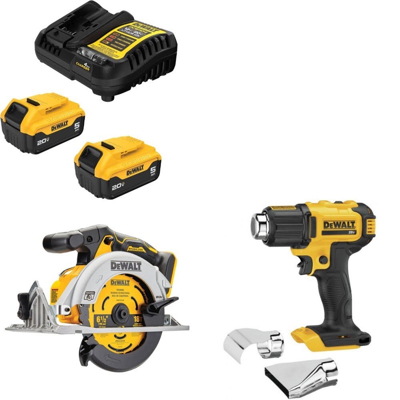 DeWalt DCB205-2C 20V MAX Starter Kit W/ DCS565B 20V Circ Saw & Heat Gun, Bare