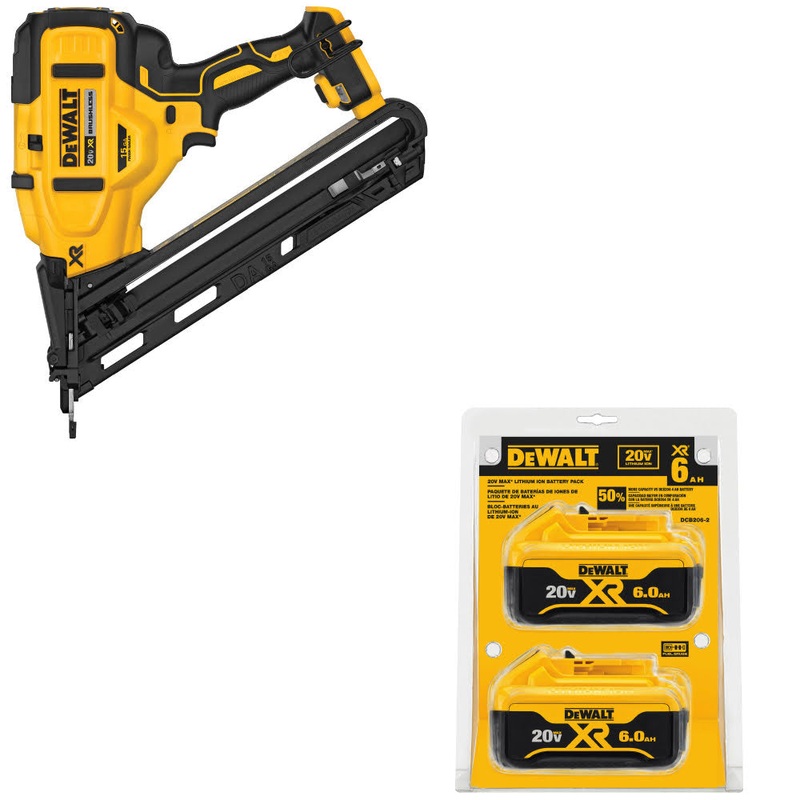 DeWalt DCN650B 20V MAX XR 15Ga Nailer, Bare W/ DCB206-2 20V MAX XR Battery, 2Pk