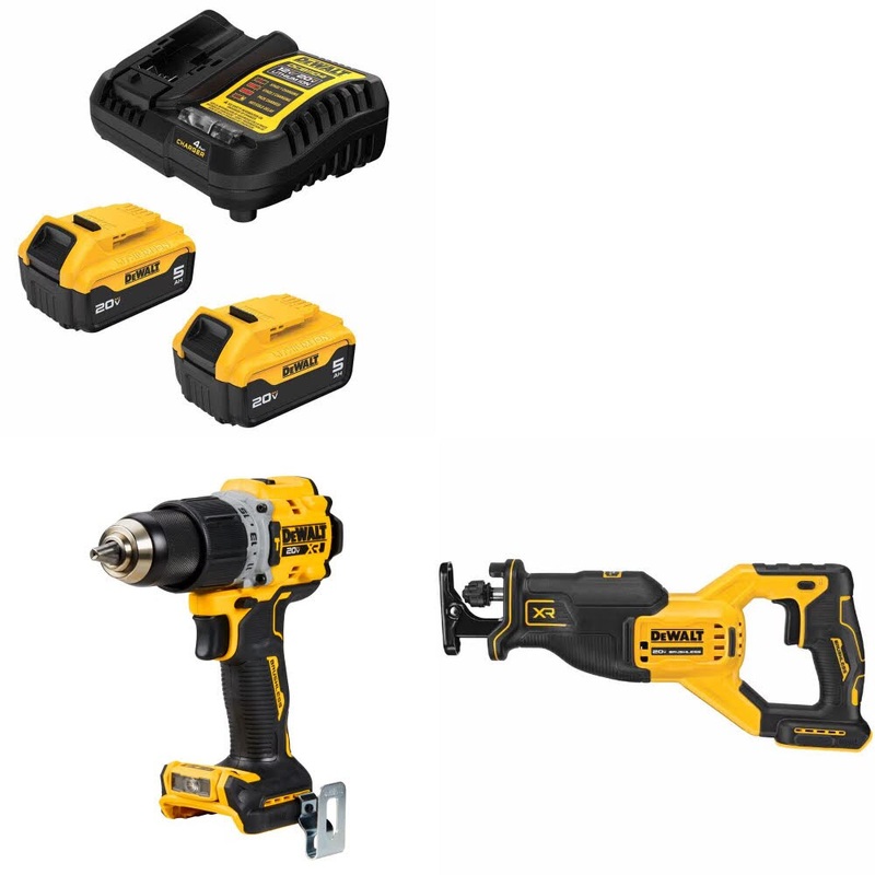 DeWalt DCB205-2C Battery Kit W/ FREE DCD805B Hammer Drill and FREE DCS382B Saw