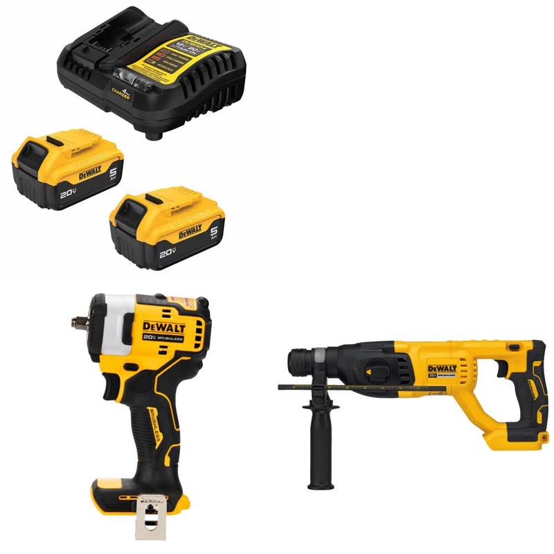 DeWalt DCB205-2C Battery Kit W/ FREE DCF913B Impact Wrench and DCH133B Rotary Hammer