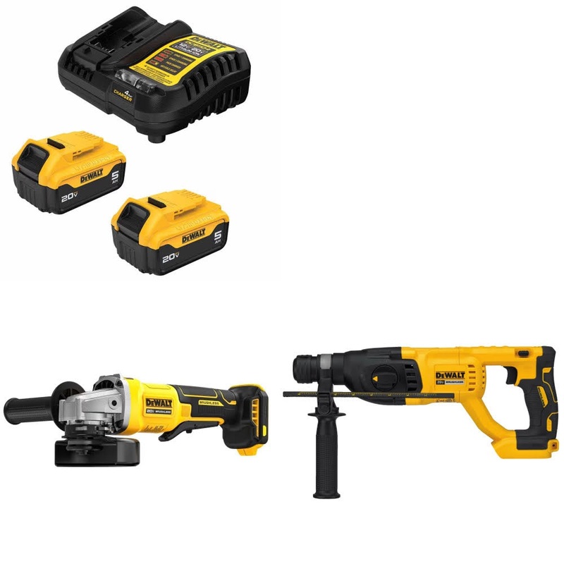 DeWalt DCB205-2C Battery Kit W/ FREE DCG408B Grinder and FREE DCH133B Hammer