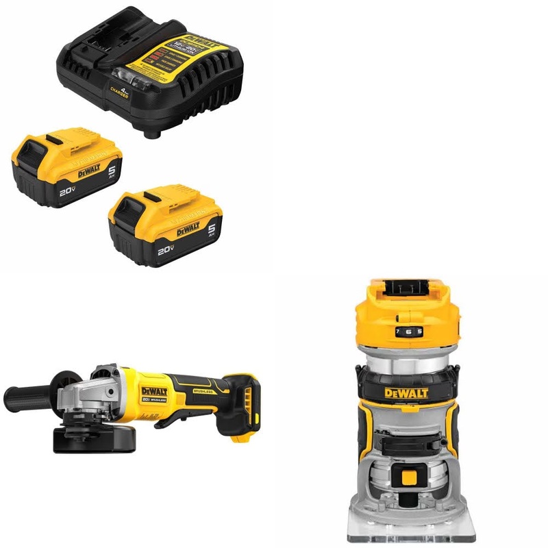 DeWalt DCB205-2C Battery Kit W/ FREE DCG408B Grinder and FREE DCW600B Router