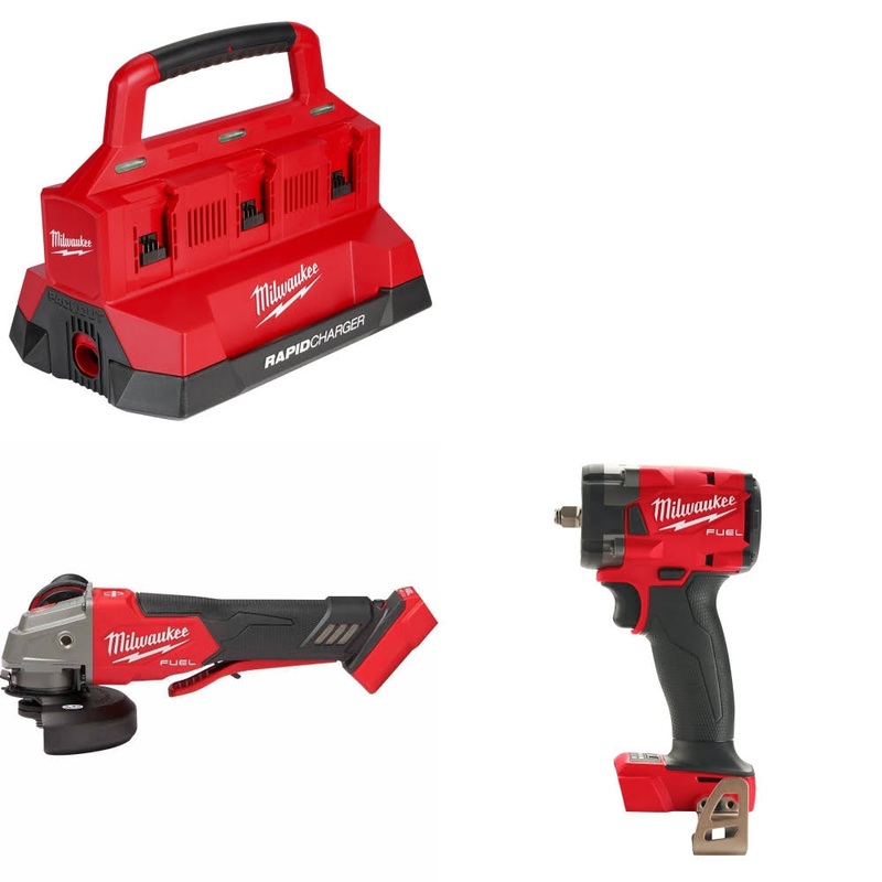 Milwaukee M18 PACKOUT Six Bay Charger Kit W/ 2888-20 Grinder and 2854-20 Impact Wrench