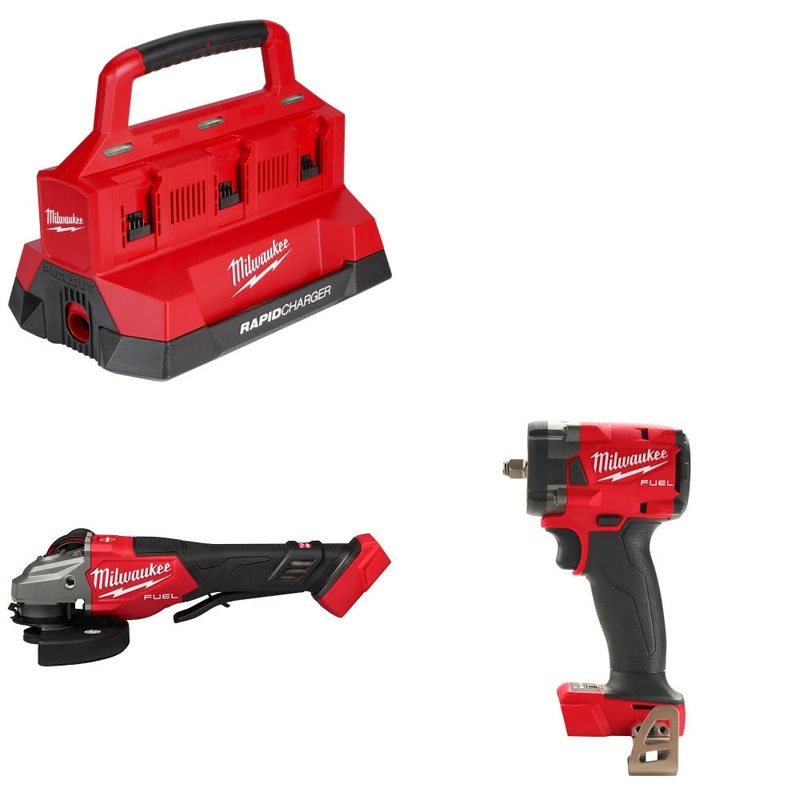 Milwaukee M18 PACKOUT Six Bay Charger Kit W/ 3670-20 Grinder and 2854-20 Impact Wrench