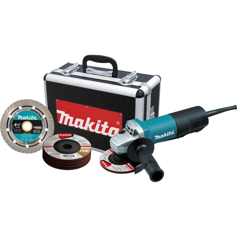 Makita 9557PBX1 4-1/2 Paddle Switch Cut-Off/Angle Grinder with aluminum case, diamond blade, 5 ea. grinding wheel, cut-off & grinding guards, lock-off, lock-on