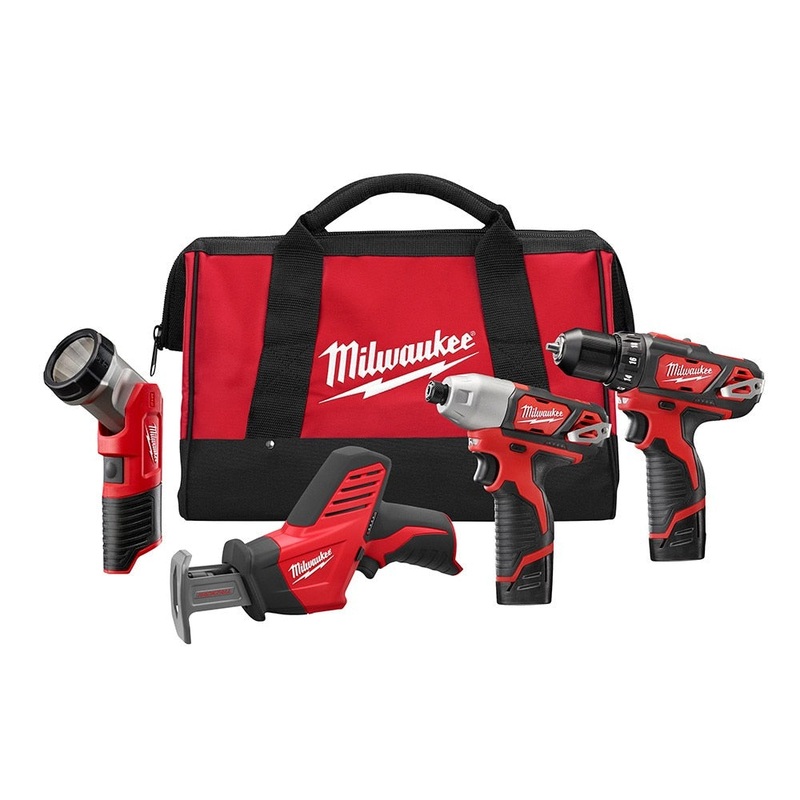 Milwaukee 2498-24 M12 4 – Tool Combo Kit with Drill, Impact, Hackzall & Flashlight