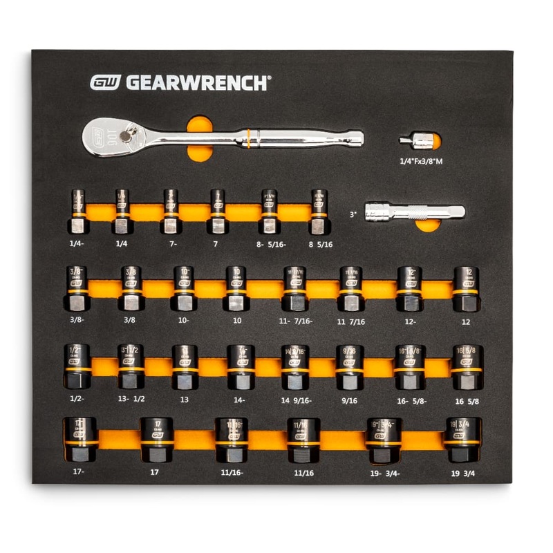 GearWrench 86525 31 Pc. 3/8 Drive 90T Ratchet and Bolt Biter Socket Set MM/SAE with EVA Foam Tray