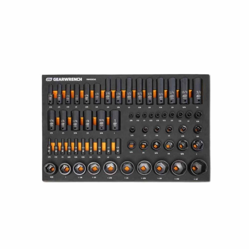 Gearwrench GWMSISKSAE 63 Piece 1/4, 3/8, 1/2 Drive 6 Point SAE Impact Socket Set in Foam Storage Tray