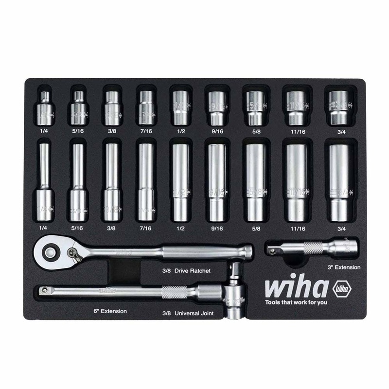 Wiha 33796 22 Piece 3/8 Drive Professional Standard and Deep Socket Tray Set