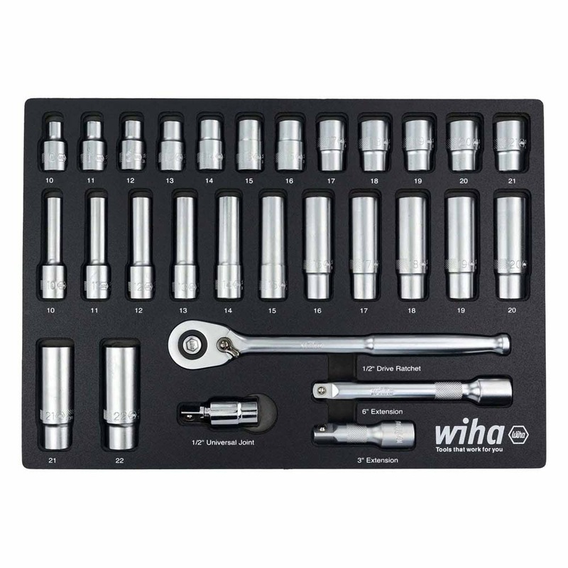 Wiha 33895 29 Piece 1/2 Drive Professional Standard and Deep Socket Tray Set